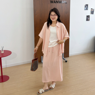 宛宛大码休闲套装夏季棉麻衬衫女装胖MM遮肚显瘦显瘦半身裙三件套