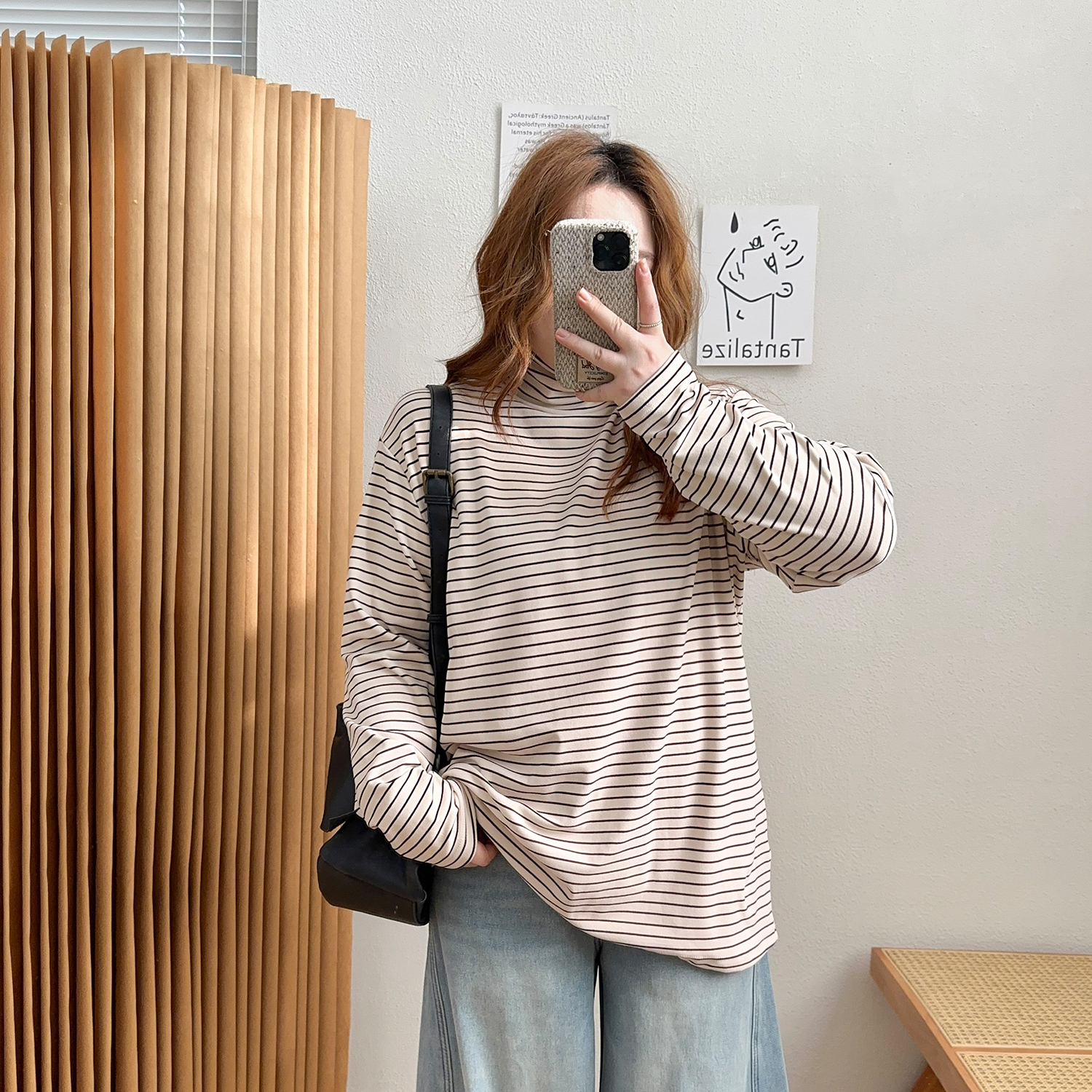 宛宛大码女装胖mm黑白条纹半高领长袖T恤秋冬德绒内搭打底衫上衣