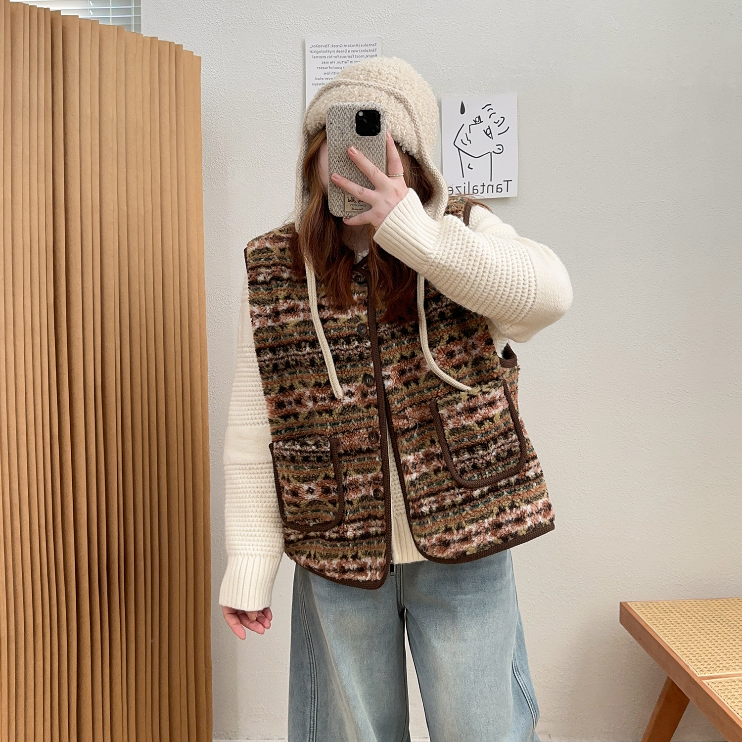 宛宛大码费尔岛胖MM复古仿羊羔毛马甲女秋冬坎肩外套保暖马夹上衣