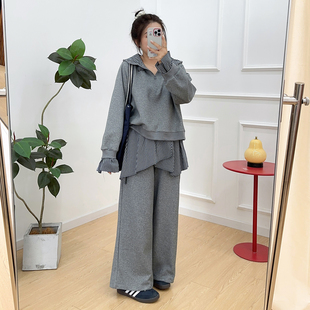 休闲时髦宽松阔腿裤 宛宛大码 胖MM新款 秋季 两件套 格子拼接卫衣套装