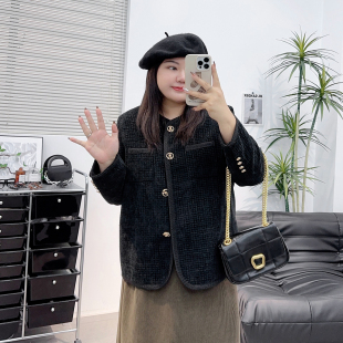 高级感毛呢小个子胖mm双口袋开衫 法式 女 小香风外套女秋装 复古大码