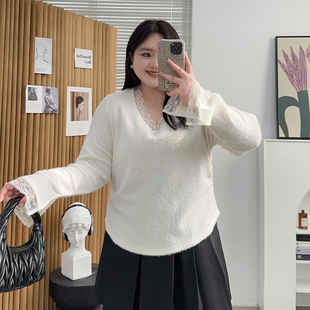 上衣女冬 保暖毛衣打底衫 宛宛大码 胖mm蕾丝边v领气质温柔风针织衫