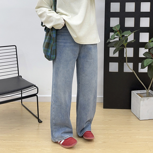 胖mm宽松显瘦梨形身材直筒裤 大码 新款 女高腰春季 子 复古阔腿牛仔裤