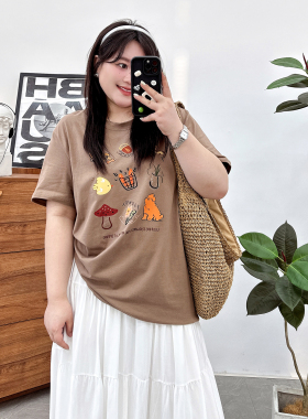 大码趣味印花插肩短袖女t恤胖mm显瘦夏装ins潮牌宽松半袖美式上衣