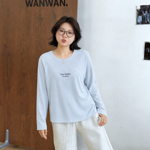 宛宛大码女装春秋新款胖MM套头印花宽松显瘦圆领正肩长袖T恤上衣