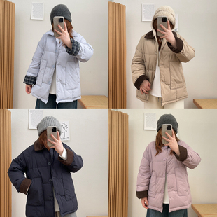 宛宛大码女复古撞色白鸭绒正肩羽绒服新款冬季翻领微胖mm宽松外套