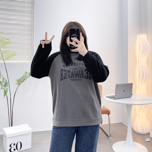 新款 秋季 胖mm圆领200斤宽松显瘦套头拼色上衣 字母卫衣女长袖 大码