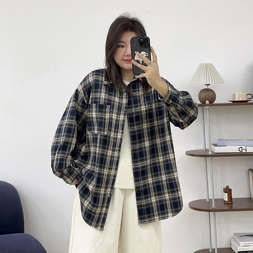 撞色格子宽松休闲格子衬衫