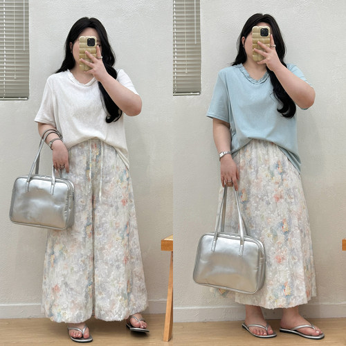 宛宛家九分阔腿裤女裙裤夏薄款新中式加大码胖mm宽松直筒九分女裤