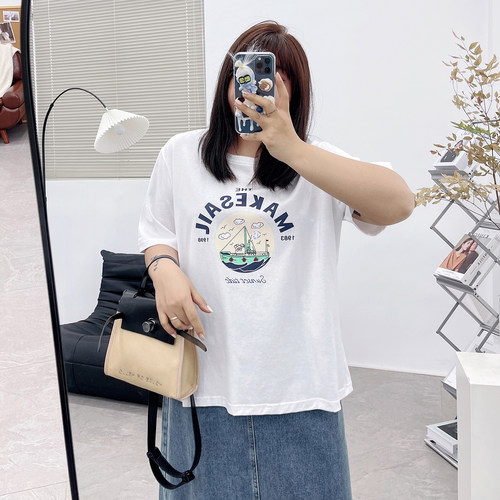 圆领印花棉短袖T恤上衣