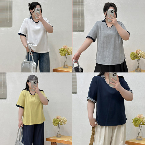 宛宛大码胖MM正肩V领翻领T恤女夏短袖显瘦遮肉设计感上衣通勤百搭