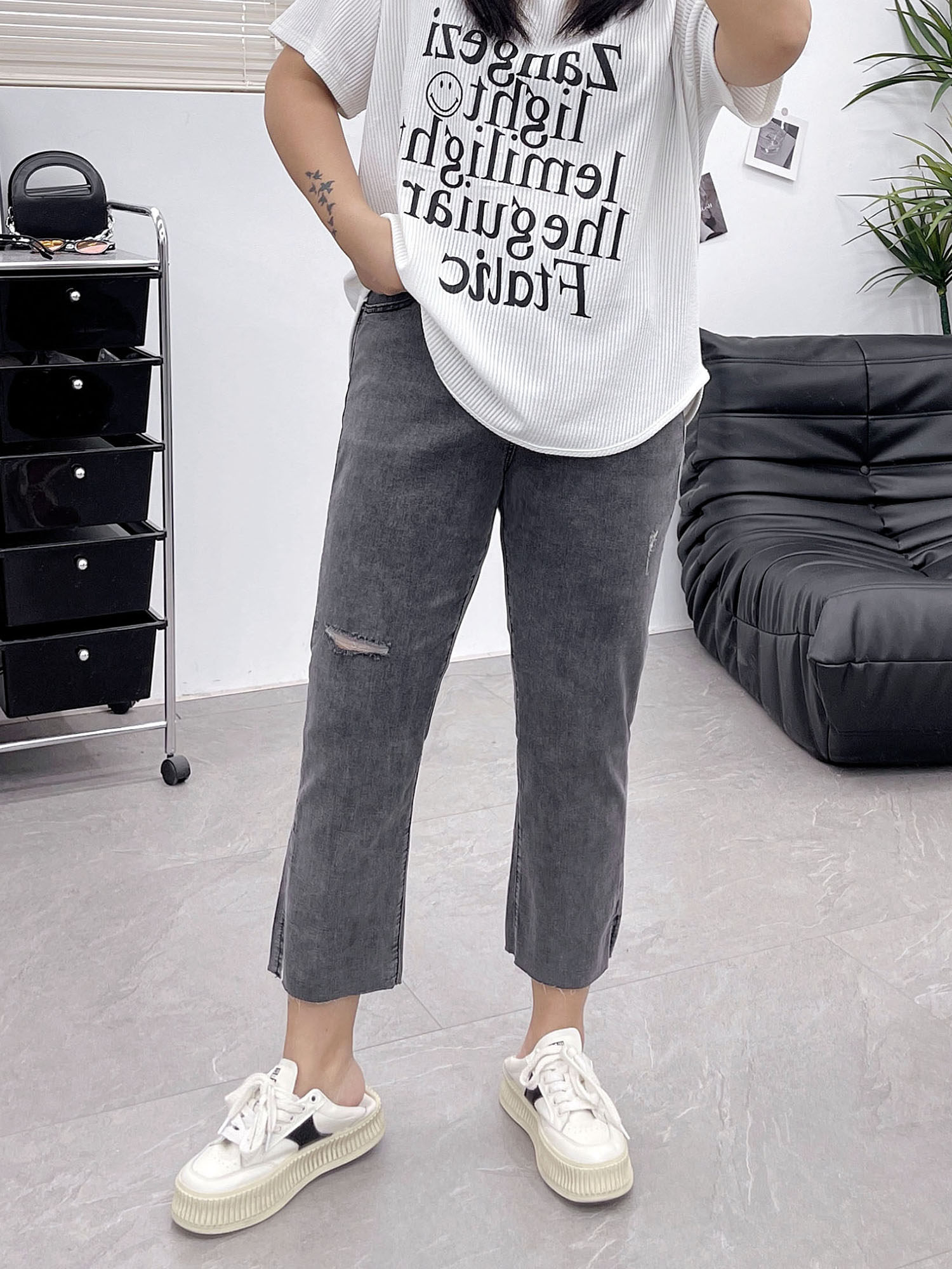 SUMMER THIN PLUS-SIZE WOMENS STRETCH STRAIGHT RIPPED BAGUETTE JEANS FAT MM SKINNY SMALL CROPPED CIGARETTE PANTS