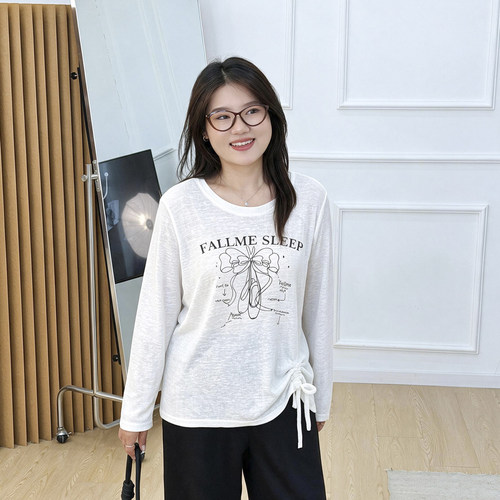 宛宛大码侧边抽绳长袖T恤打底衫女秋季大码胖MM修身显瘦别致上衣