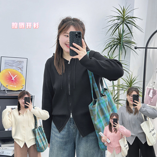 开衫 大码 春款 女2024新款 外套胖MM连帽双拉链宽松显瘦上衣潮 针织衫