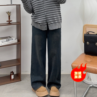 高腰胖mm宽松显瘦梨形身材阔腿裤 大码 冬季 加绒加厚直筒牛仔裤 女装