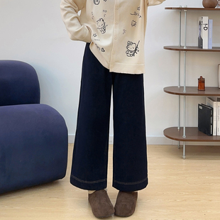 子 女胖mm梨形身材显瘦遮肉阔腿九分裤 宛宛大码 秋冬加绒直筒牛仔裤