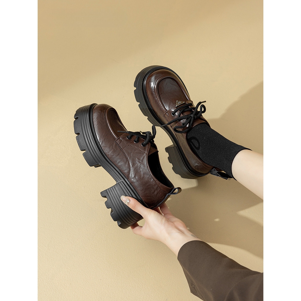 棕色乐福鞋女鞋厚底秋冬2025新款单鞋配裙子女士高跟小皮鞋