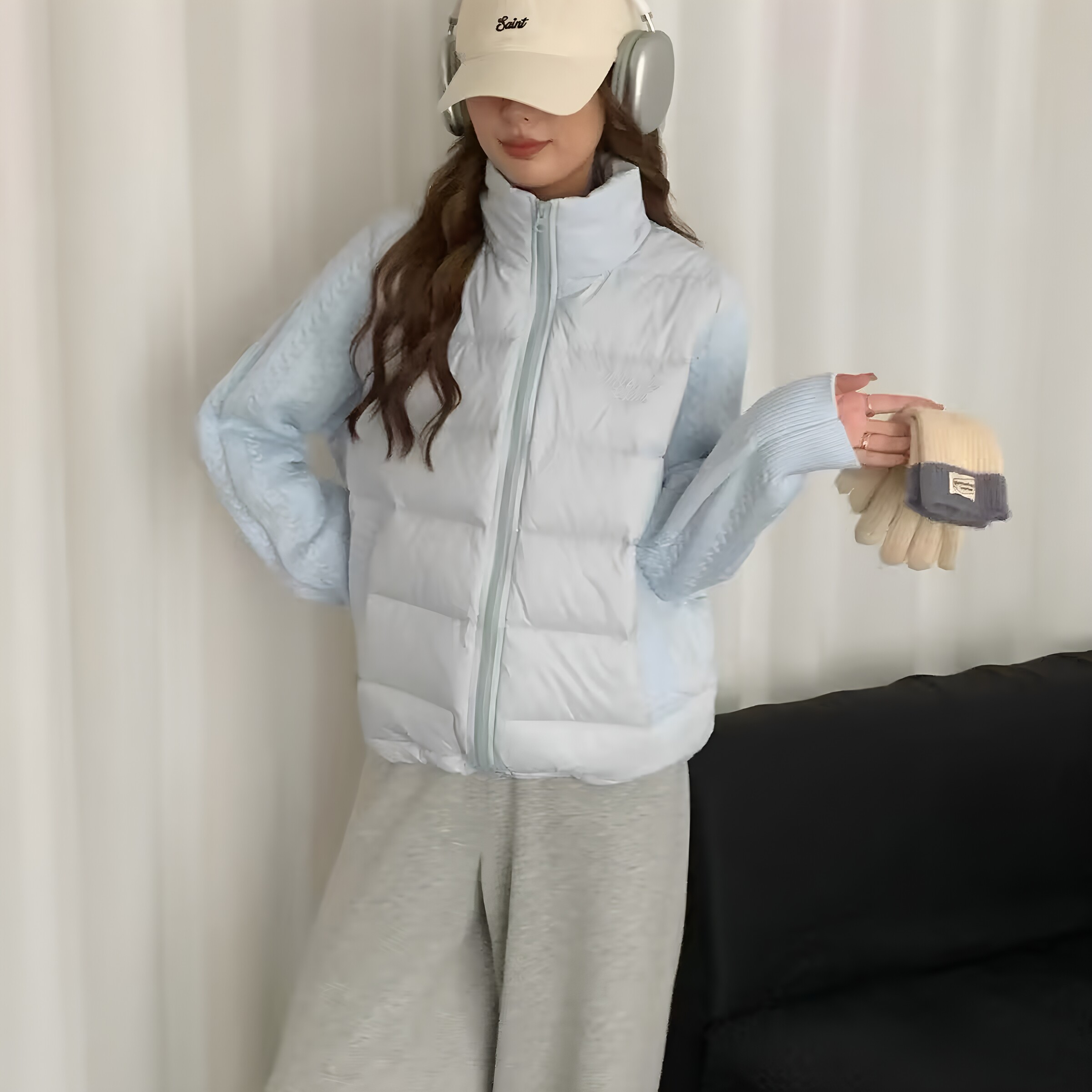 立领针织拼接短款保暖面包服女