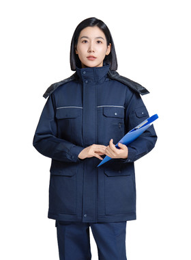 冬季工装棉服女中长款可拆卸防寒加厚保暖工作服深蓝色多口袋