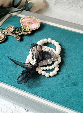 多层叠戴仿珍珠手链女小众设计感精致手串轻奢闺蜜百搭黑丝带手饰