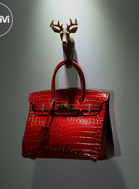 Airvivi-14A05-新款鳄鱼纹牛皮铂金包 真皮女包结婚红色包新娘包
