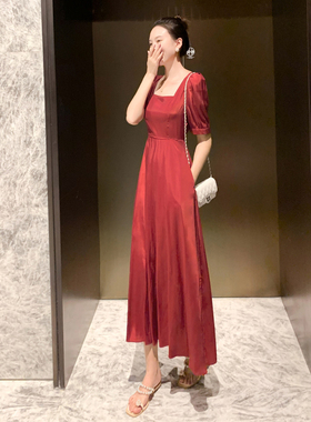 设计感小众气质2022年新款纯色长裙雪纺法式初恋红色连衣裙女夏季