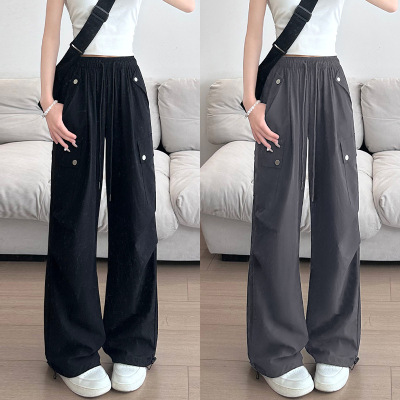 美式伞兵工装裤女夏季薄款高腰宽松阔腿复古冰丝速干