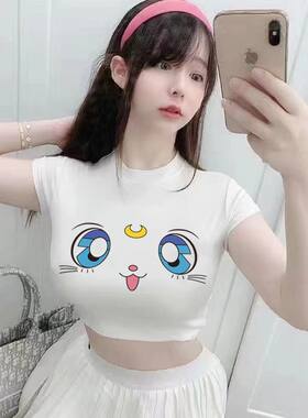 韩国可爱卡通紧身显胸大短款t恤女学生直播露腰小性感短袖上衣夏
