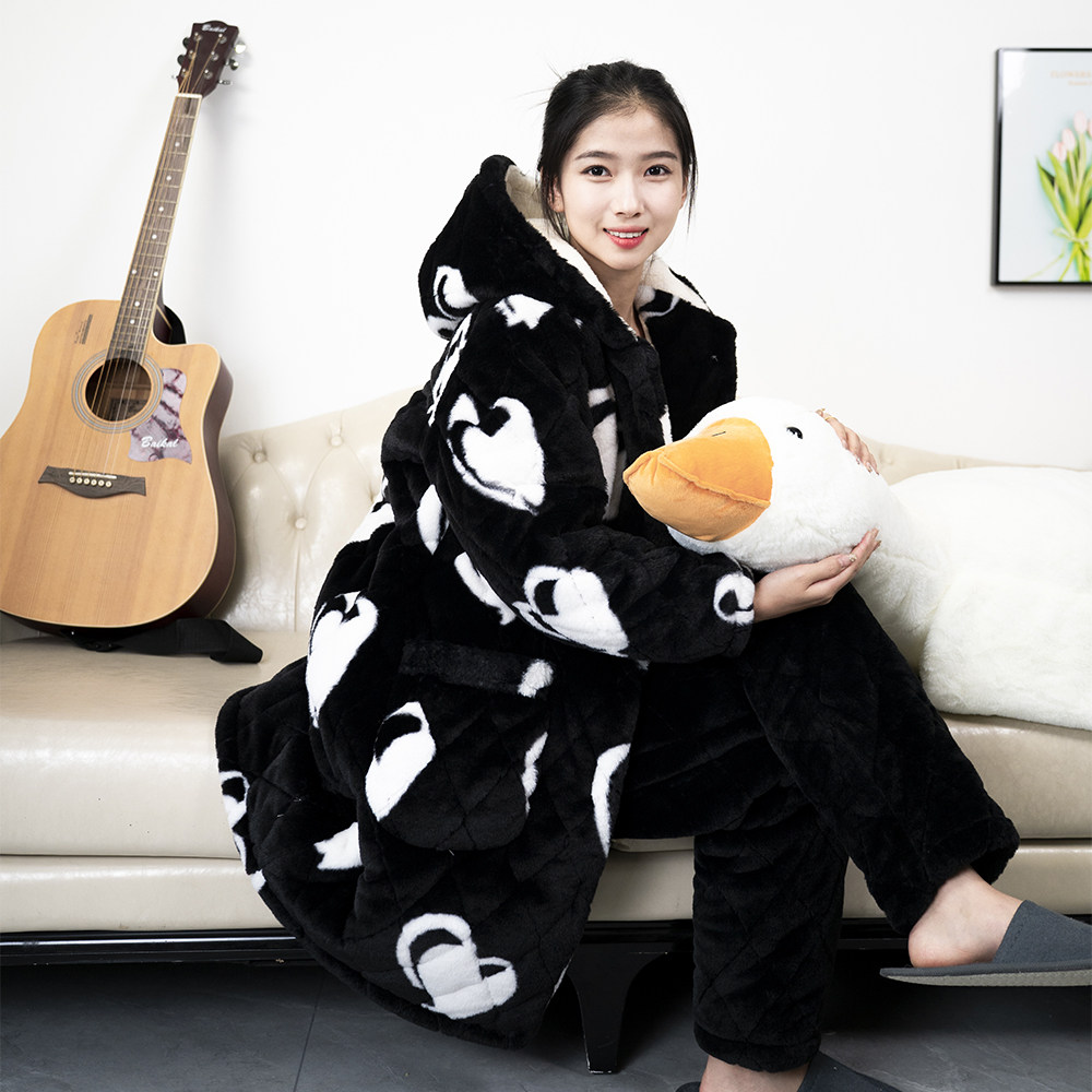 黑底爱心女士三层加厚夹棉可外穿中长款保暖家居服睡衣棉袄棉服