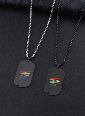 欧美跨境男士项链彩虹黑色军牌吊坠学生嘻哈简约毛衣链不锈钢饰品
