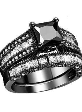 华杰     跨境热卖饰品 黑色镶嵌正方小白锆石女套戒 厂家直销