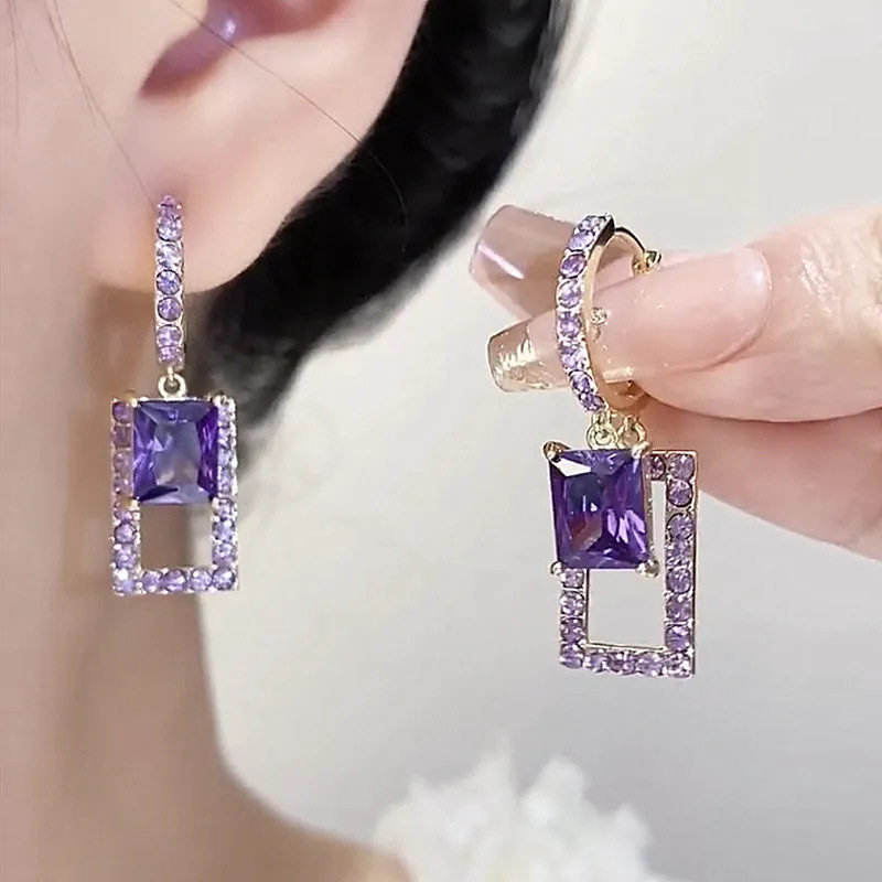 轻奢感紫色方形水晶耳环女小众设计微镶满钻耳扣气质百搭耳饰,饰品/流行首饰/时尚饰品新,耳环,淘宝优惠券,粉丝福利购,淘宝优惠卷