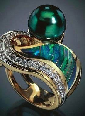 华杰   跨境爆款热销金色镶绿色锆石女式创意经典个性戒指厂家直