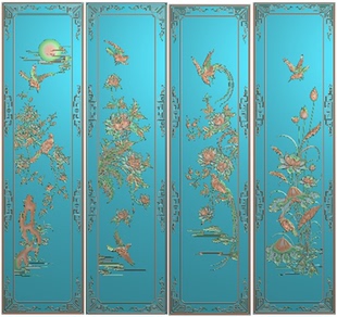 荷花 牡丹屏风精雕图浮雕图灰度图花鸟书柜 四季花挂屏 衣柜门板