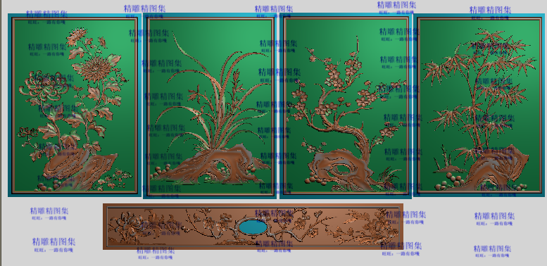 梅兰竹菊门板精雕图梅花抽屉浮雕图抽斗背板灰度图酸枝四季花地柜