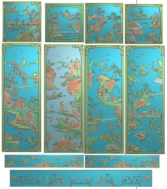 书柜花鸟衣柜精雕图浮雕雕刻图灰度图山水人物顶箱柜  新渔樵耕读