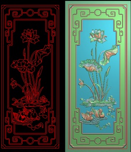 门板莲花鸟背板精雕图浮雕刻图灰度图鸳鸯靠背 大如意床中板荷花