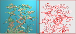 鹤精雕图浮雕图灰度图门板檀雕松鹤山水花鸟背板迎客松 松树仙鹤1