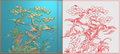 鹤精雕图浮雕图灰度图门板檀雕松鹤山水花鸟背板迎客松 松树仙鹤1