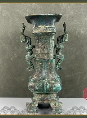 纯铜复古龙耳方壶收藏品