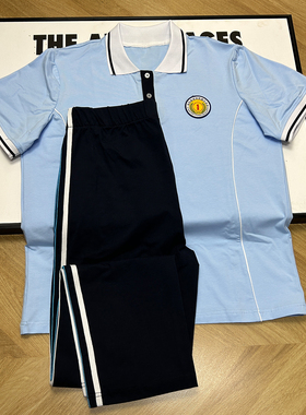 学生校服短袖浅蓝色上衣夏拼白色翻领中小学生运动休闲上衣pole衫