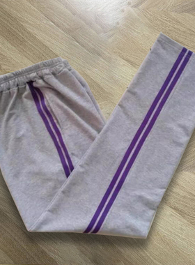 初中小学生校服裤子浅灰色两道紫色杠边全棉直筒休闲运动裤冬加绒