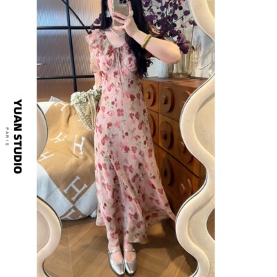 YUAN 【樱雨纷飞】法式复古彩花卉显瘦遮肉短袖气质优雅连衣裙