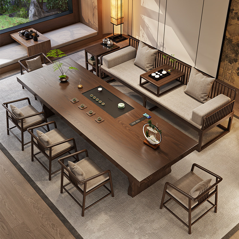 高端大板茶桌椅组合罗汉床实木茶台一体桌带插座禅意家用办公室