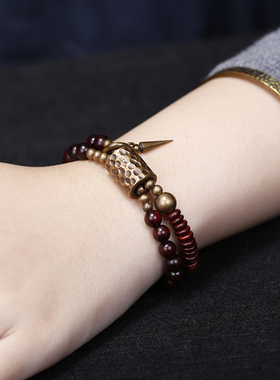 印度小叶紫檀佛珠双圈手链女潮流气质手工陨石坑黄铜手串个性百搭