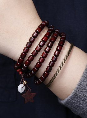 民族风印度小叶紫檀老料108颗桶珠多圈手链长款项链两用毛衣链女