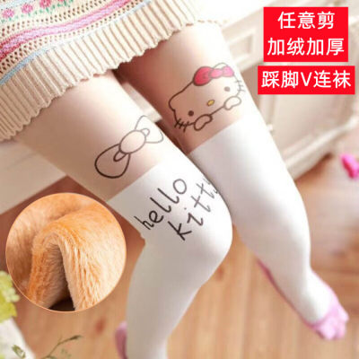 秋冬加绒加厚假大腿过膝假高筒拼接打底裤jk黑丝袜白色印花连裤袜