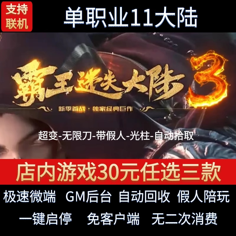 传奇单机电脑版霸王迷失大陆3单职业专属假人GM后台微端联机