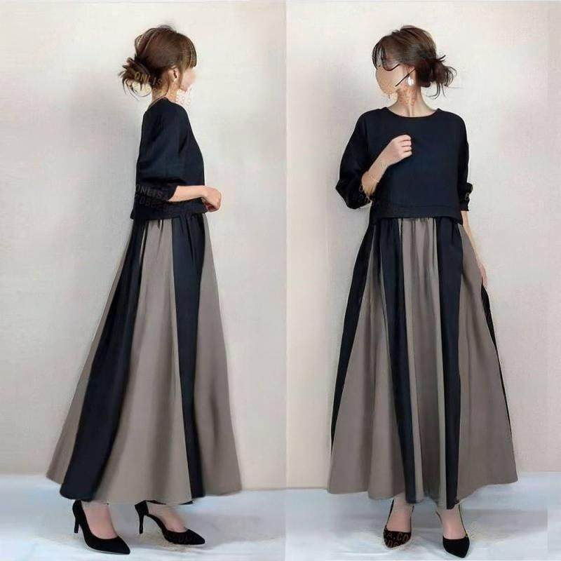 跨境女装日系2025秋冬装圆领长袖拼接圆领A摆连衣裙