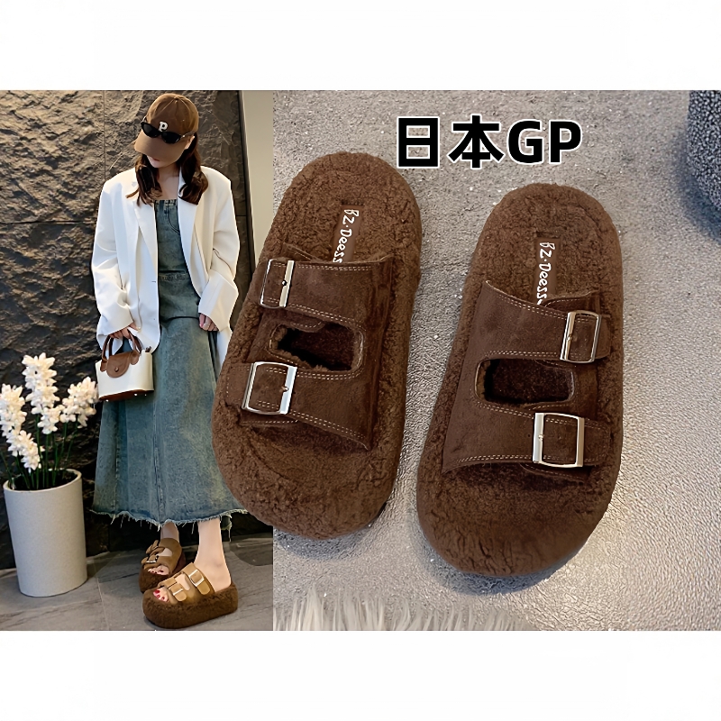 日本GP韩版厚底外穿毛毛鞋女2025